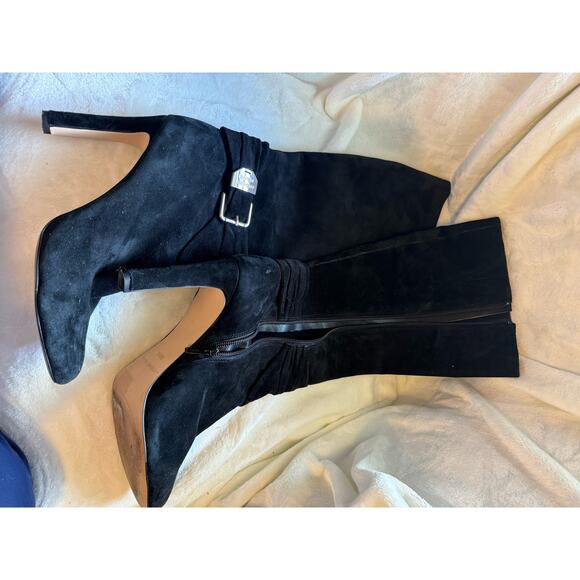 Antonio Melani Black High Heeled Suede Tall Boots with Buckle 8.5 - Picture 2 of 5